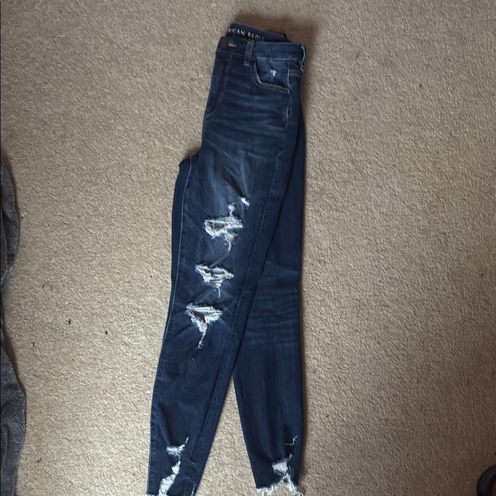 American Eagle Outfitters Blue Skinny Jeans with Distressed Details (curvy)